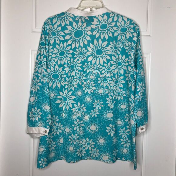 Bob Mackie NWT Wms Wearable Art Linen Blend Floral Turquoise Top Size XL Sequins - Picture 2 of 12